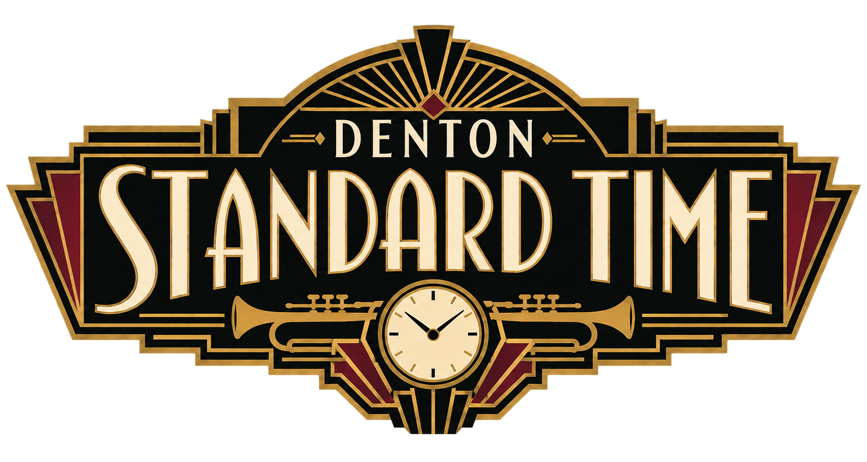 Denton Standard Time logo with Art Deco lettering, trumpets and a clock